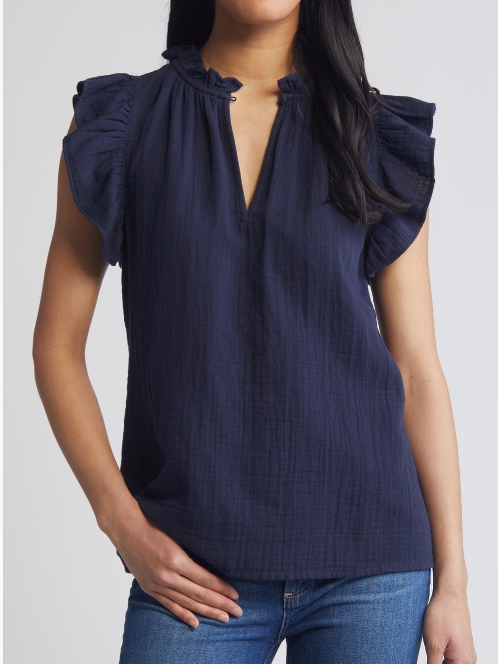 Caslon Navy Flounce Sleeve Cotton Gauze Top